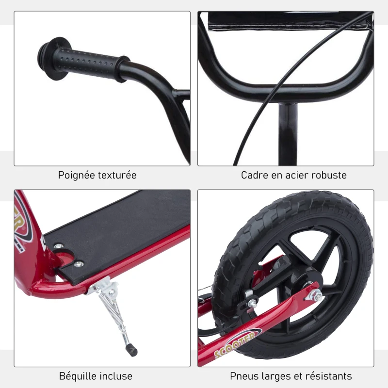 HOMCOM Trottinette patinette Enfants à partir de 5 Ans pneus 30 cm Guidon réglable poignée Frein et béquille Acier Rouge
