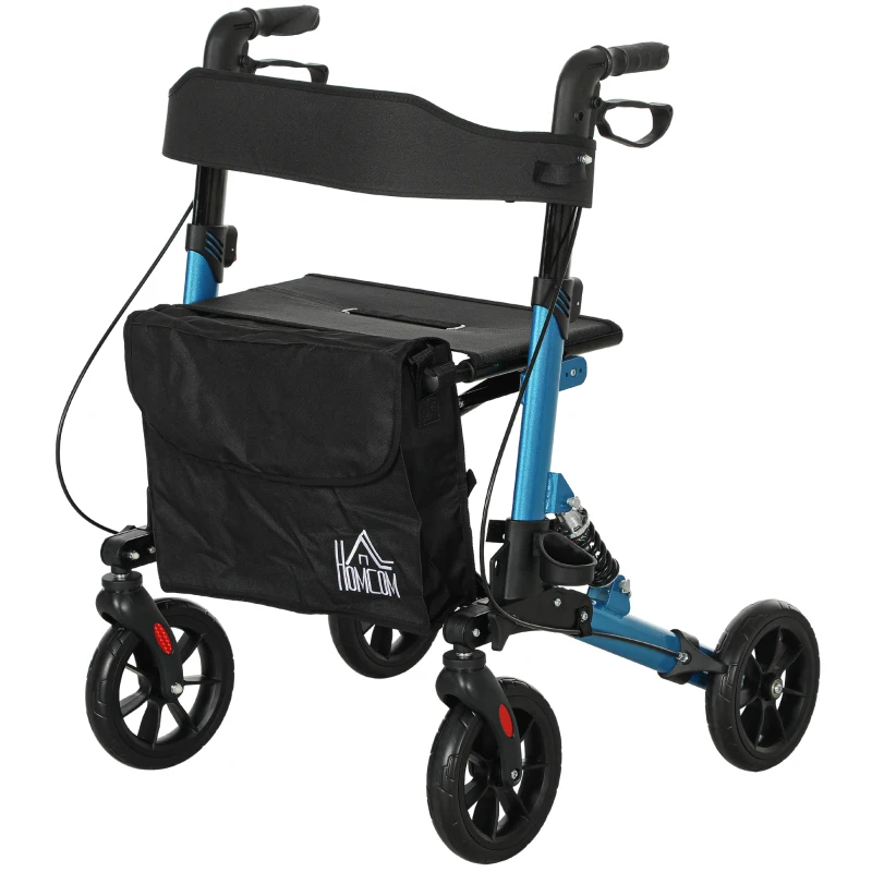 HOMCOM Folding Rollator Walker with Seat, Backrest, Lightweight Walking Frame with Storage Bag, Dual Brakes, Adjustable Handle Height, Suspension System, 4 Wheeled Walker for Seniors, Blue