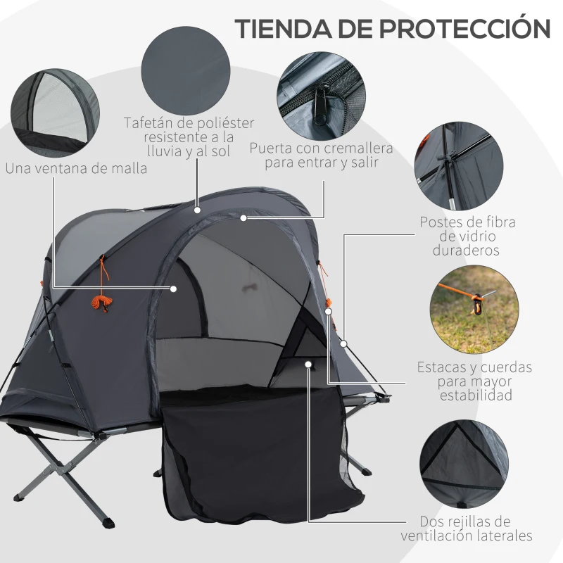 Outsunny Tienda de Campaña 3 en 1 con Cama Colchón Hinchable y Bolsa de Transporte para Senderismo 200x86x147 cm Gris