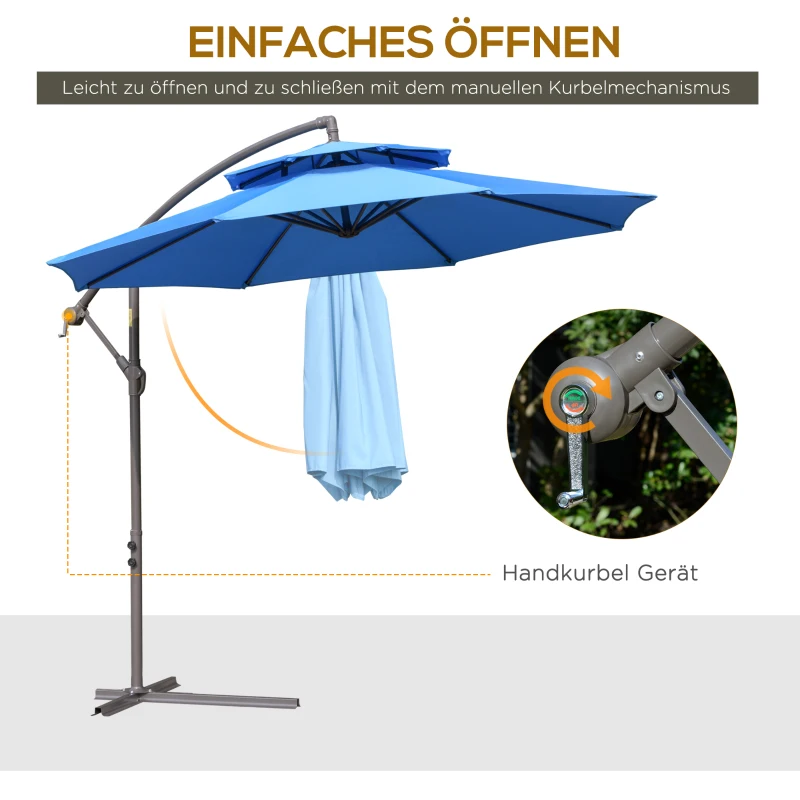 Outsunny Sonnenschirm Ampelschirm Ø2,67 x 2,45 m Kurbelschirm mit Doppeldach Kreuzbasis Stahl Outdoor Sonnenschutz Polyester Stahl Blau