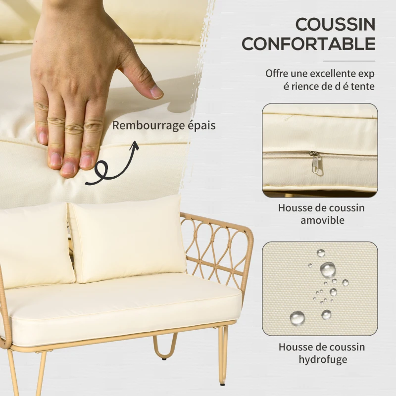 Outsunny Ensemble salon de jardin canapé 2 places + 2 fauteuils + 1 table basse plateau verre trempé 7 coussins écru