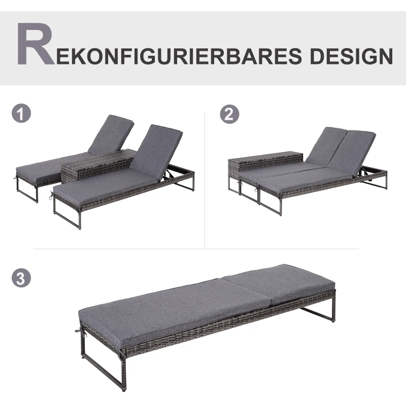 Outsunny dreiteiliges Set Sonnenliege mit verstellbarer Rücklehne Garten Liege Teetisch Flammhemmende Polsterung Metall PE-Rattan Polyester Grau 195 x 60 x 86 cm