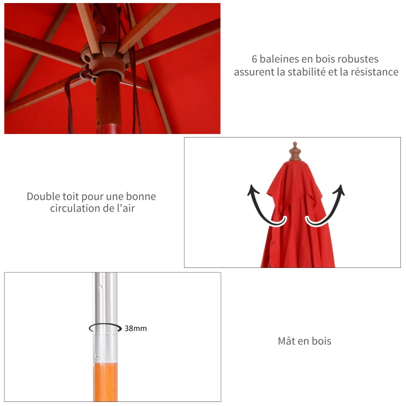 Outsunny Parasol de jardin extérieur Parasol rectangulaire inclinable bois polyester haute densité 2L x 1,5l x 2,3H m rouge
