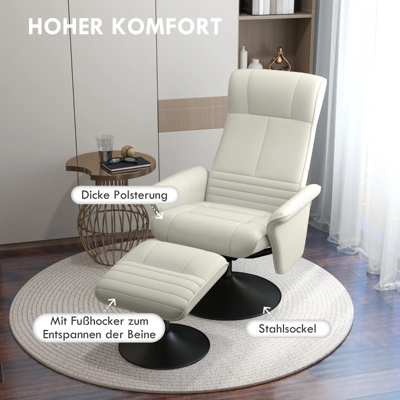 HOMCOM Relaxsessel, Fernsehsessel mit Hocker, drehbar, ergonomisch, Mikrofasertuchoptik, bis 150 kg, Cremeweiß