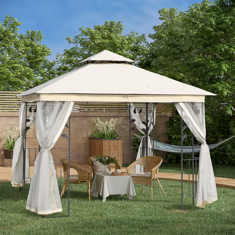 Outsunny Gazebo da Giardino 3x3m con Zanzariera, Telaio in Acciaio e Doppio Tettuccio, Bianco