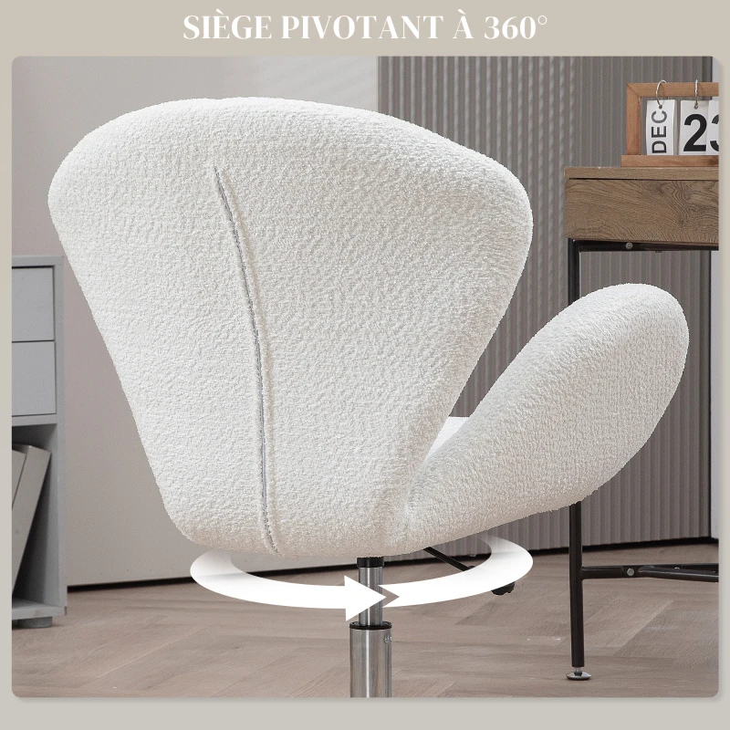 HOMCOM Fauteuil pivotant hauteur réglable revêtement tissu bouclette pour salon chambre bureau, blanc