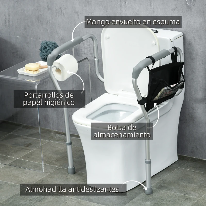HOMCOM Barra de Seguridad para Inodoro con Asas Antideslizante Bolsillo Anchura y Altura Ajustable 55-62x47x64-74 cm Plata