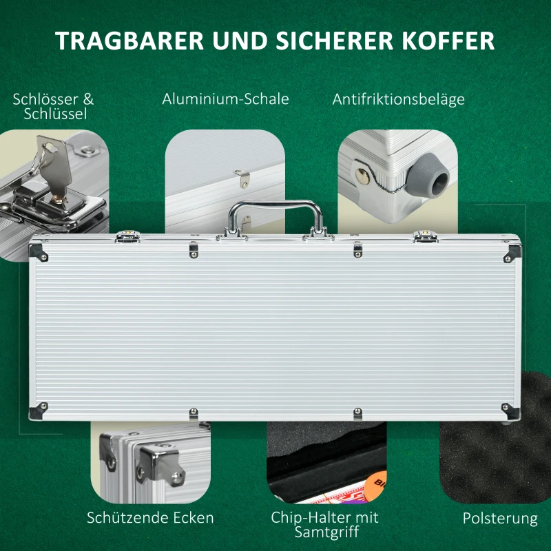 SPORTNOW Casinozubehör und Chips Pokerset mit Chips Pokerchip-Koffer, inkl. Unterlage,  500 Chips, Set für 9-10 Spieler, Silber