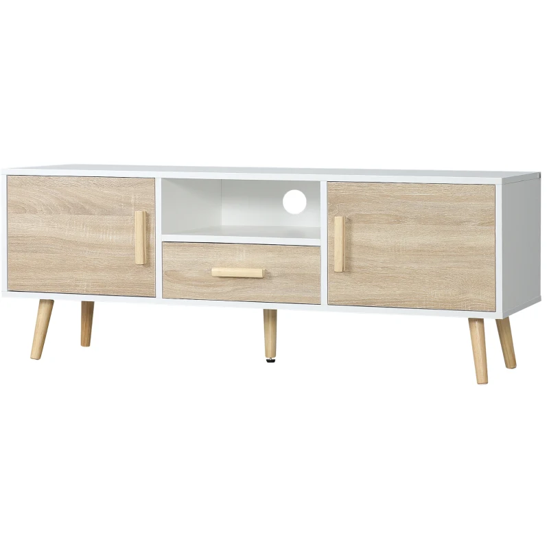 HOMCOM Mobile TV Basso per TV max 46" con Ripiano Aperto, Cassetto e 2 Armadietti, in Truciolato e Pino, 140x40x55.3 cm