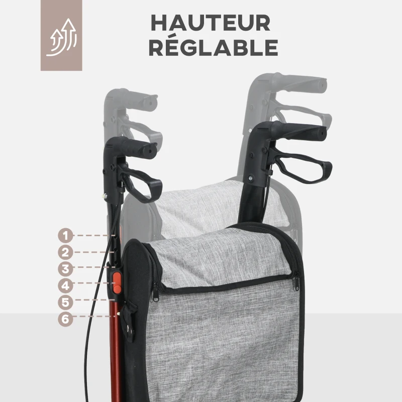 HOMCOM Déambulateur 3 roues pliable double frein hauteut réglable aluminium léger et résistant 68 x 68 x 99 cm rouge(m-4)