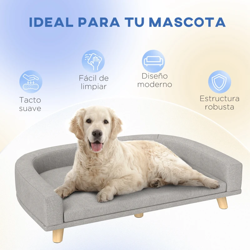 PawHut Sofá para Perros Grandes Cama Elevada para Perros con Cojín Lavable y Patas de Madera Carga 40 kg 98x67x25 cm Gris Claro
