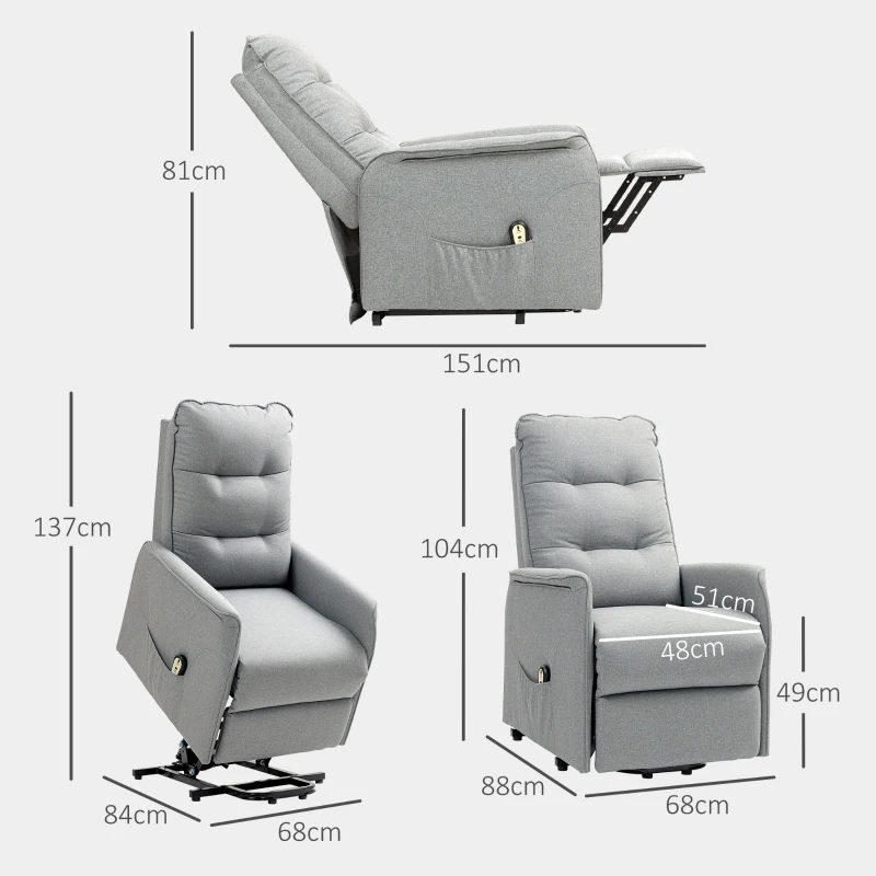 HOMCOM Aufstehsessel, Recliner-Sessel mit Aufstehhilfe, elektrischer Relaxsessel mit Fernbedienung, Seitentasche, Grau(m-3)