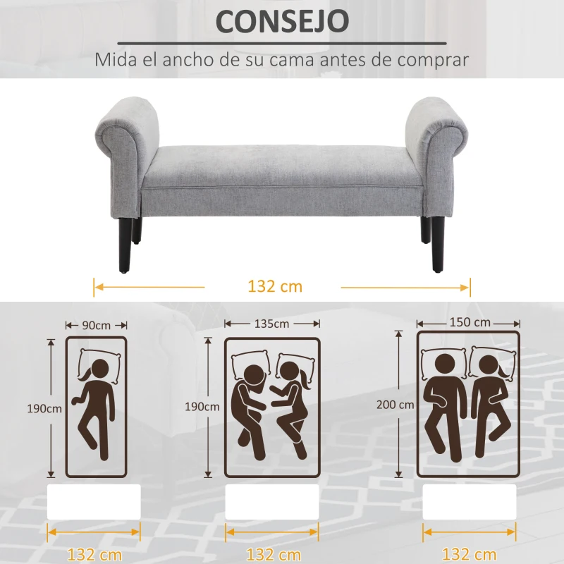 HOMCOM Banco Pie de Cama Banqueta para Dormitorio con Brazos Tapizada y Patas de Madera para Recibidor Salón 132x45,5x58 cm Gris
