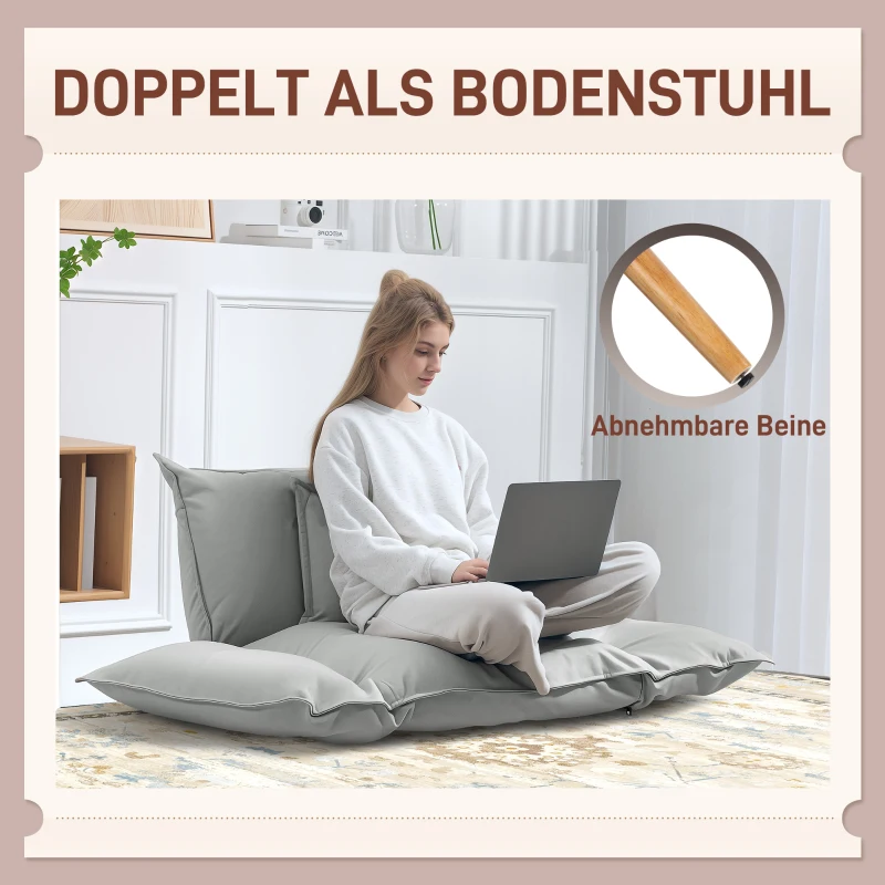 HOMCOM 2-in-1 Verstellbarer Loungesessel, Bodensessel mit Kissen, Polstersessel, für Wohnzimmer, Schlafzimmer, Hellgrau