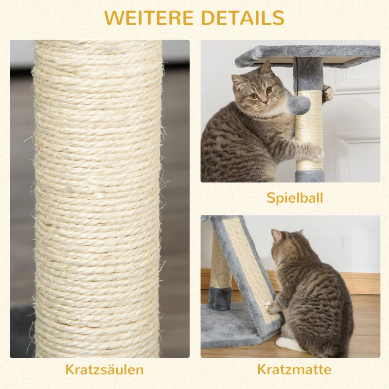 PawHut Katzenbaum, 3-Stock Kratzbaum, Katzenhöhle, Sisalsäulen, Kratzbrett, Katzenhaus, Plüsch Grau 40 x 40 x 98 cm