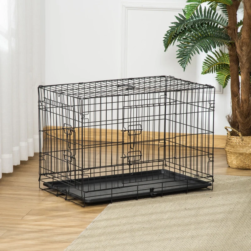 PawHut Jaula para Perros Plegable Transportín para Perros con 2 Puertas Bandeja Extraíble y Asa 75x48,5x53 cm Negro