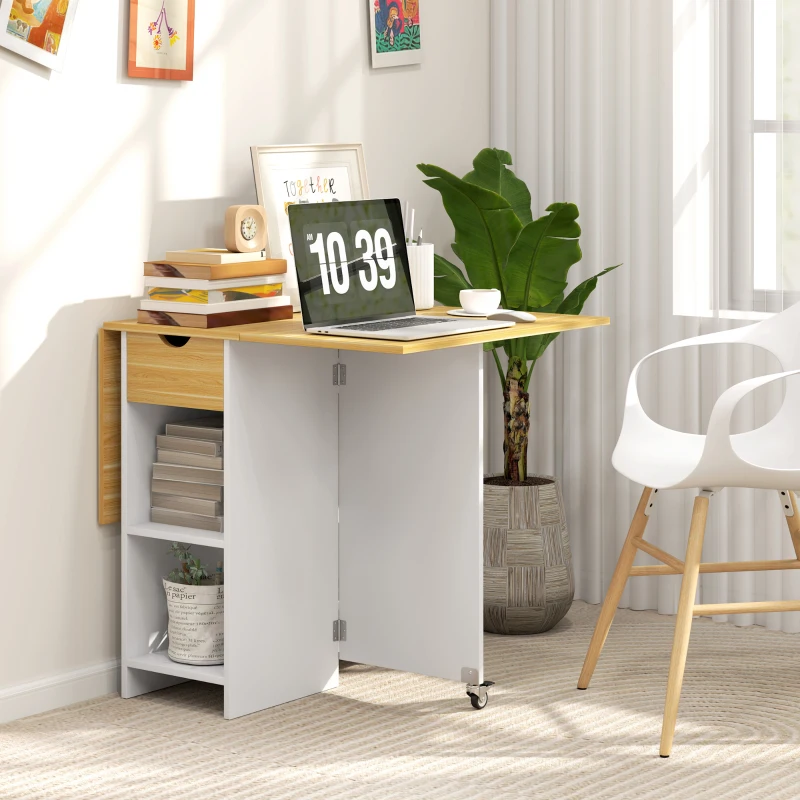 HOMCOM Tavolo da Pranzo Pieghevole per 2-4 Persone con 2 Ribalte, Cassetto e Ripiani, Quercia