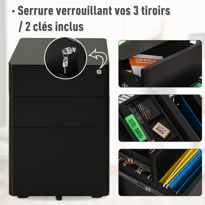 Vinsetto Caisson de bureau rangement bureau sur roulettes 3 tiroirs coulissants verrouillables trieur à dossiers dim. 39L x 48I x 59H cm acier noir