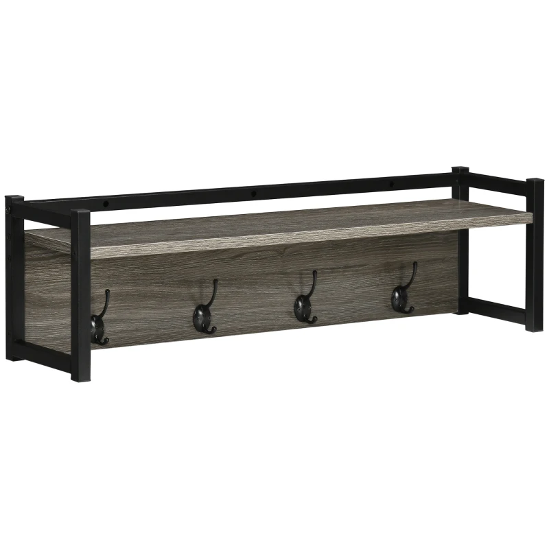 HOMCOM Wall Coat Rack with 4 Hooks Floating Shelf with Storage Rack for Keys, Clothes, Bags for Hallway, Entryway, 80 x 20 x 22.5 cm, Grey