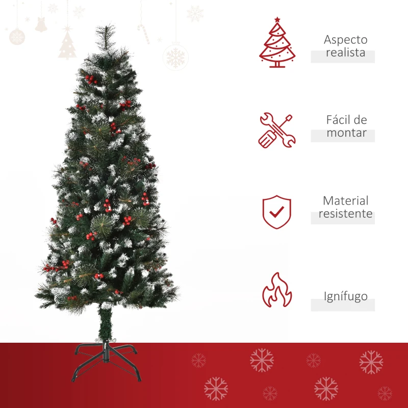 HOMCOM Árbol de Navidad Artificial con Nieve 150 cm con 360 Ramas 38 Bayas Decoración Navideña para Interiores Verde
