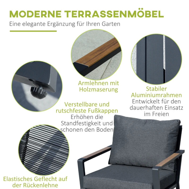 Outsunny Gartenmöbelset für 4 Personen Sofa Sessel Beistelltisch Polyrattan Alu Grau