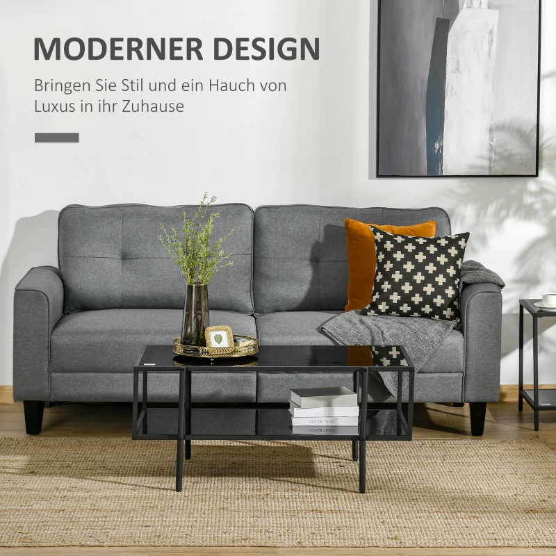 HOMCOM Couchtisch mit Ablage, verstellbare Füße, Stahlrahmen, Glasplatte, 100 x 55 x 45,5 cm, Schwarz