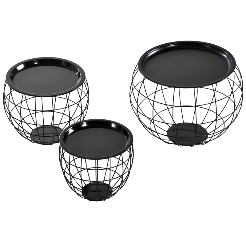 HOMCOM Lot de 3 Tables Basses gigognes Tables d'appoint Rondes encastrables Style néo-rétro métal Noir