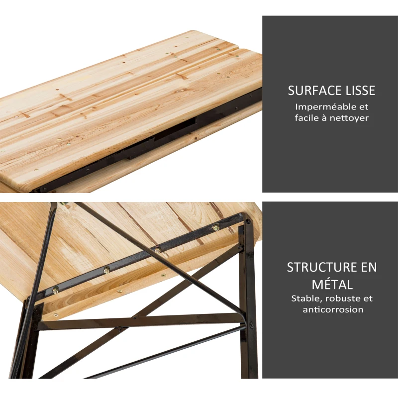 Outsunny Table de Camping Pique-Nique Pliable Portable + 2 bancs Pliables métal époxy Noir Bois Massif Sapin