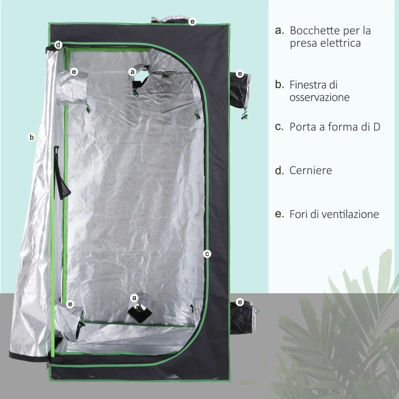 Outsunny Tenda Idroponica in Oxford 600D con 5 Prese d'Aria Regolabili e Finestra, Serra Idroponica per Coltivazione con Foro per Cavi da Interno, 80x80x160 cm, Nero