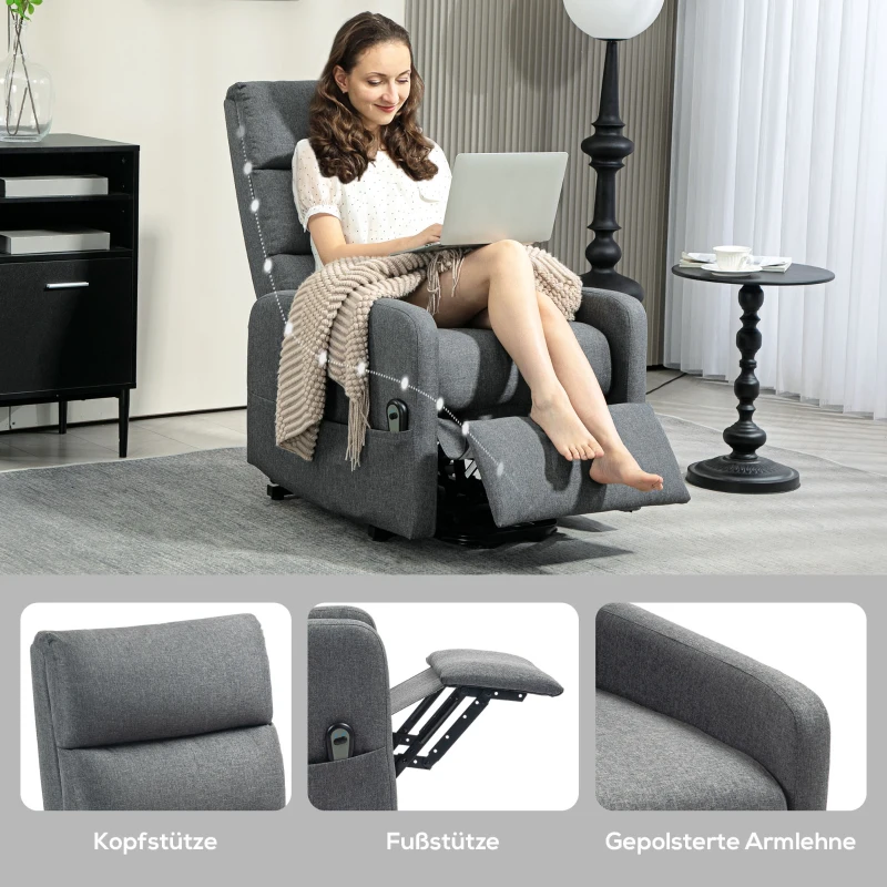 HOMCOM Elektrischer Relaxsessel mit Aufstehhilfe, Fernbedienung, weicher Schaumstoff, Seitentasche, Bezug in Leinenoptik, Grau(m-8)