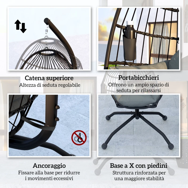 Outsunny Poltrona Sospesa a Uovo con Gancio Regolabile, 2 Cuscini e Cesto, in Acciaio, 120x88x192 cm, Nero e Grigio