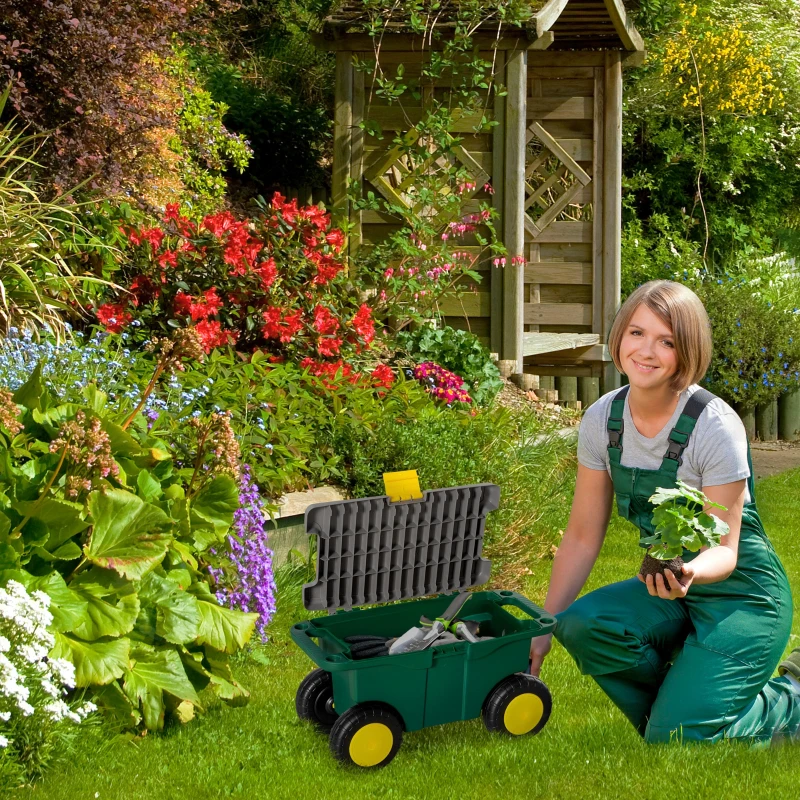 Outsunny Tabouret de Jardin Caisse à Outils 2 en 1 - Coffre et Plaque compartimentée de Rangement verrouillable - 4 roulettes, 2 poignées - PP Gris Jaune Vert