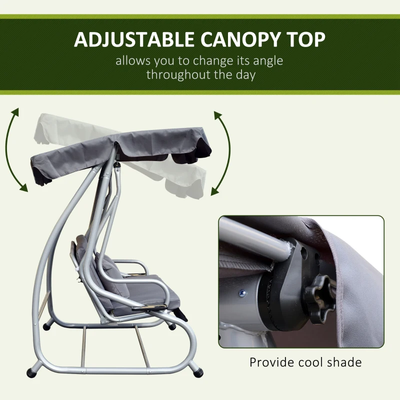 Outsunny 2-in-1 Garden Swing Seat Bed, 3 Seater Convertible Swing Chair Bench with Tilting Canopy, Cushioned Seat and 2 Pillows for Patio, Yard, Grey