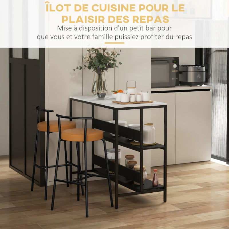 HOMCOM Ilot de cuisine 2 étagères de style moderne en acier noir et plateau MDF aspect marbre 100L x 50P x 90H cm - noir