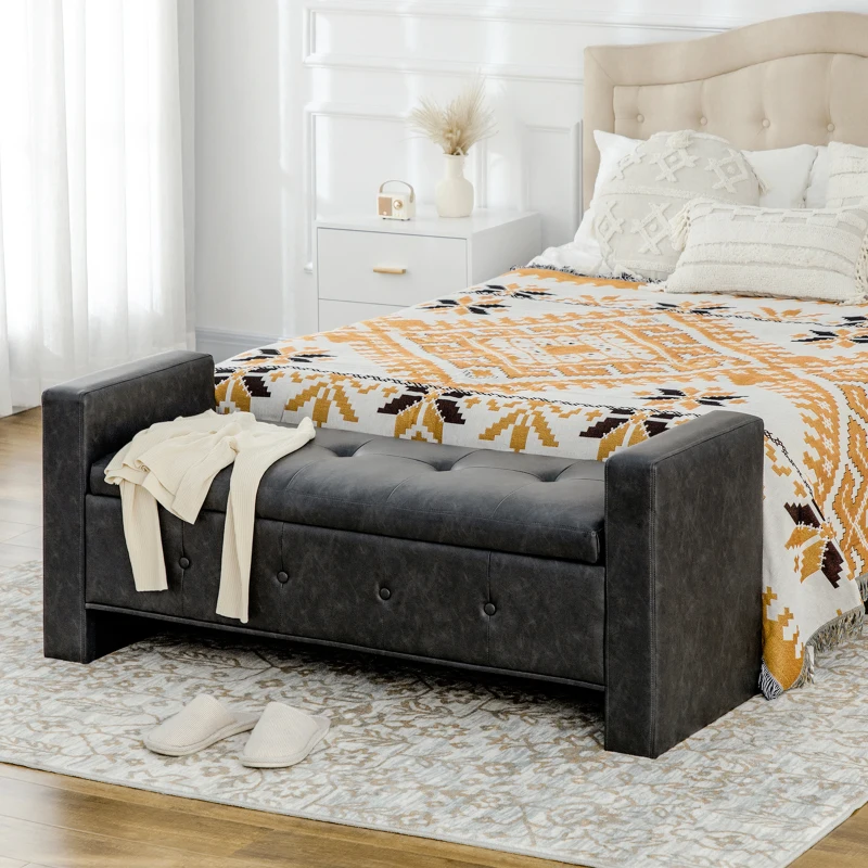 HOMCOM Sitzbank mit Stauraum, eleganter Kunstlederbezug, Soft-Close-Scharniere, dunkelgrau, 139 x 49 x 68cm