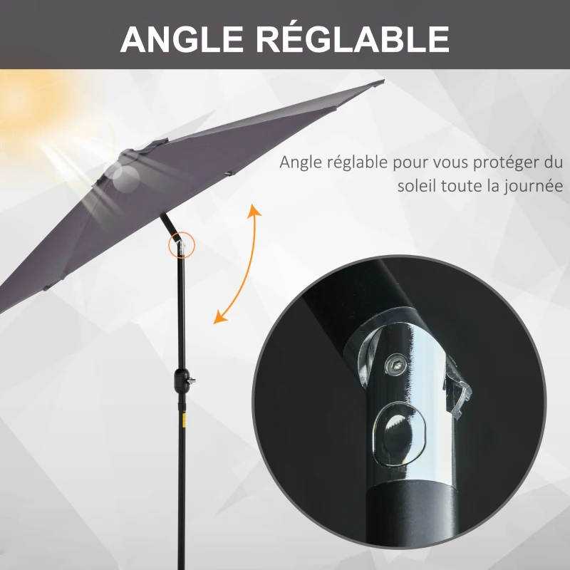 Outsunny Parasol droit parasol inclinable de jardin balcon terrasse manivelle toile polyester imperméabilisée haute densité 180 g/m² Ø2,6 x 2,35H m aluminium gris