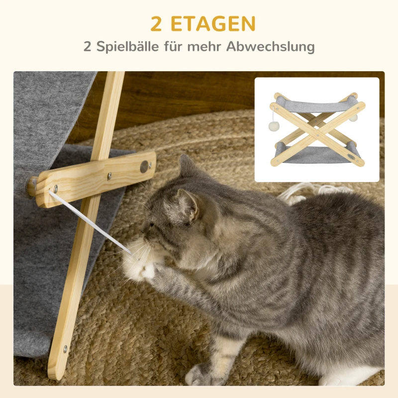 PawHut Katzenbett mit Gestell 2 Ebenen Haustierbett Ballspielzeug faltbar Hundebett Indoor Kiefernholz Natur+Grau 52 x 42 x 33,5 cm