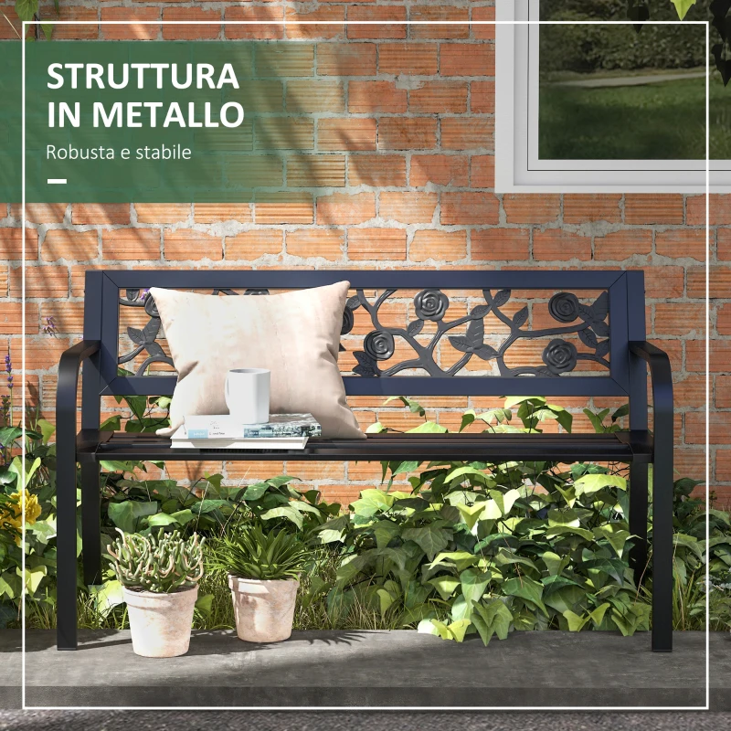 Outsunny Panchina da Giardino 2 Posti in Acciaio con Schienale Decorato e Braccioli, 127x50x75cm, Nero