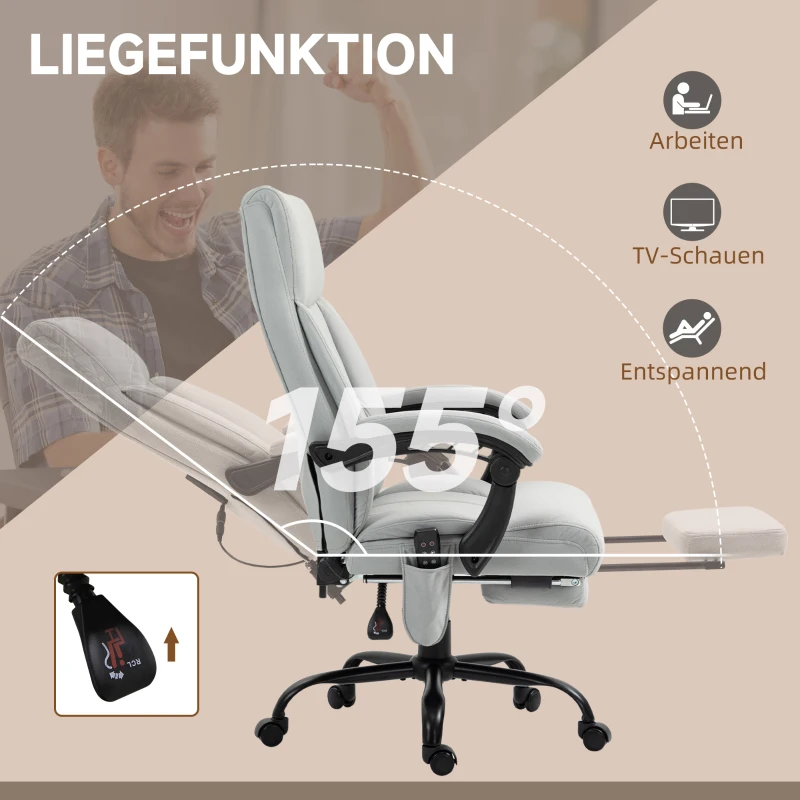 Vinsetto Bürostuhl mit Massagefunktion & Heizfunktion, Fußstütze, bis 120 kg, Grau(m-6)