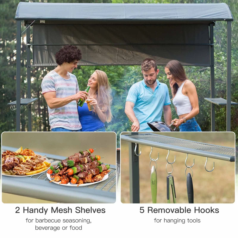 Outsunny 2.2 x 1.4m BBQ Shelter, Outdoor Grill Gazebo Canopy with Shelves, Hanging Hooks, and Metal Frame, for Garden Patio Backyard