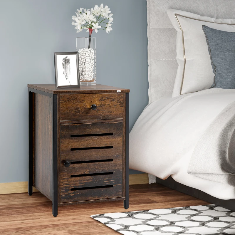 HOMCOM Nachttisch im Industriedesign, Nachtkommode, Beistelltisch, 1 Schublade, 1 Schrank, Schwarz + Braun