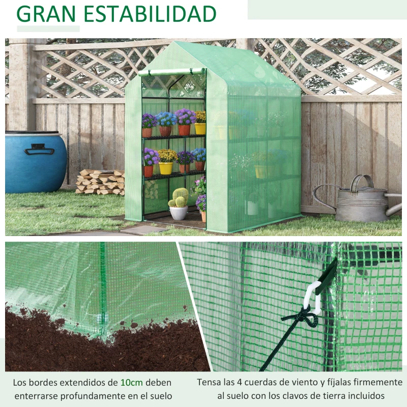 Outsunny Invernadero de Jardín Tipo Caseta Invernadero de Exterior con 2 Niveles 4 Estantes Puerta Enrollable Marco de Acero y Cubierta de PE 140g/㎡ para Cultivos Plantas Macetas 143x138x190 cm Verde