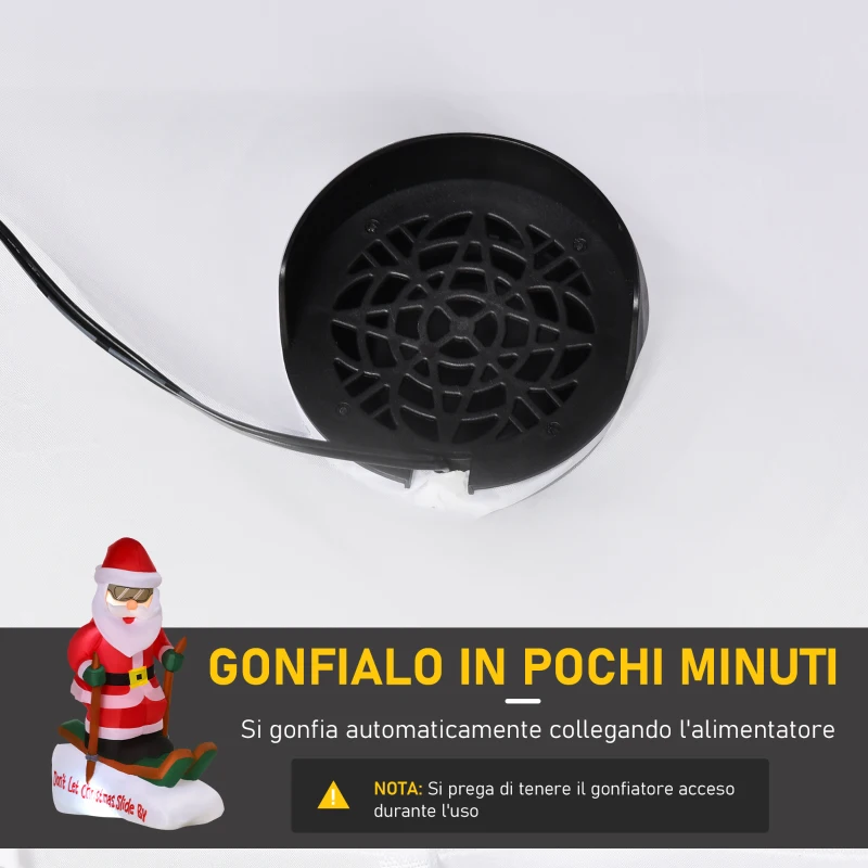 HOMCOM Babbo Natale Gonfiabile sugli Sci 124cm con 2 Luci LED e Gonfiatore, Decorazione Natalizia da Esterno