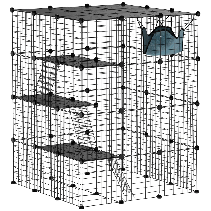 PawHut Steel Wire Cat Cage Indoor with Hammock, Ramps, Doors, DIY Cat Enclosure for 1-3 Cats, Black