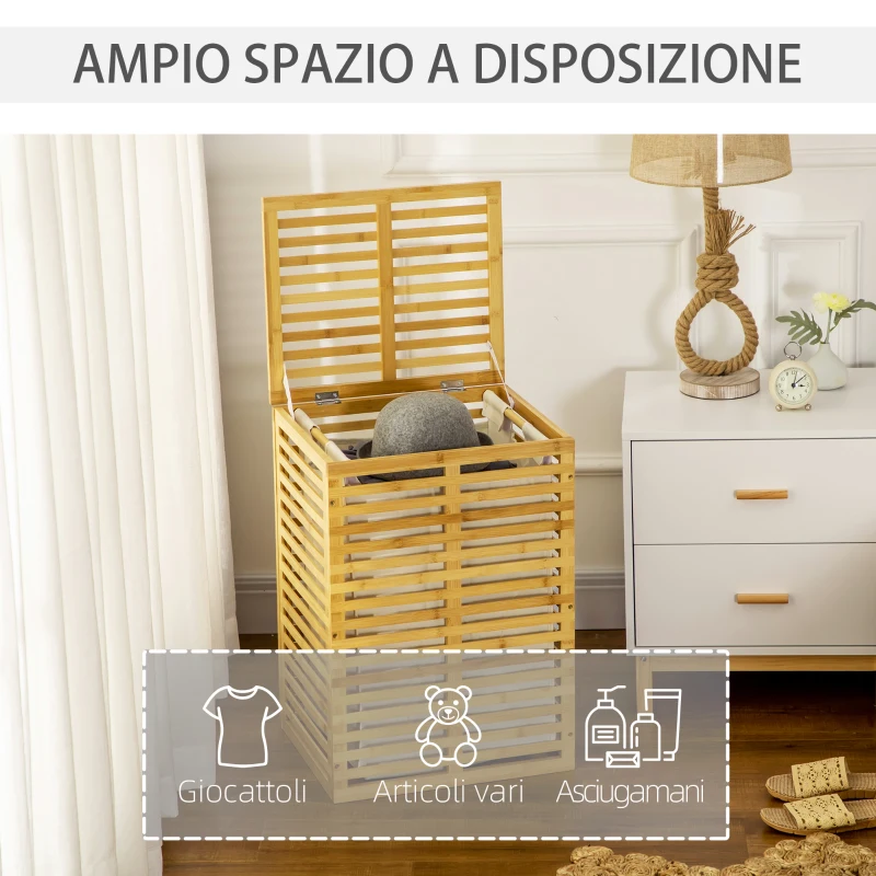 HOMCOM Cesto Portabiancheria in Bambù con Coperchio e Sacca in Poliestere Removibile e Lavabile, 44x37x62.5 cm, color Legno