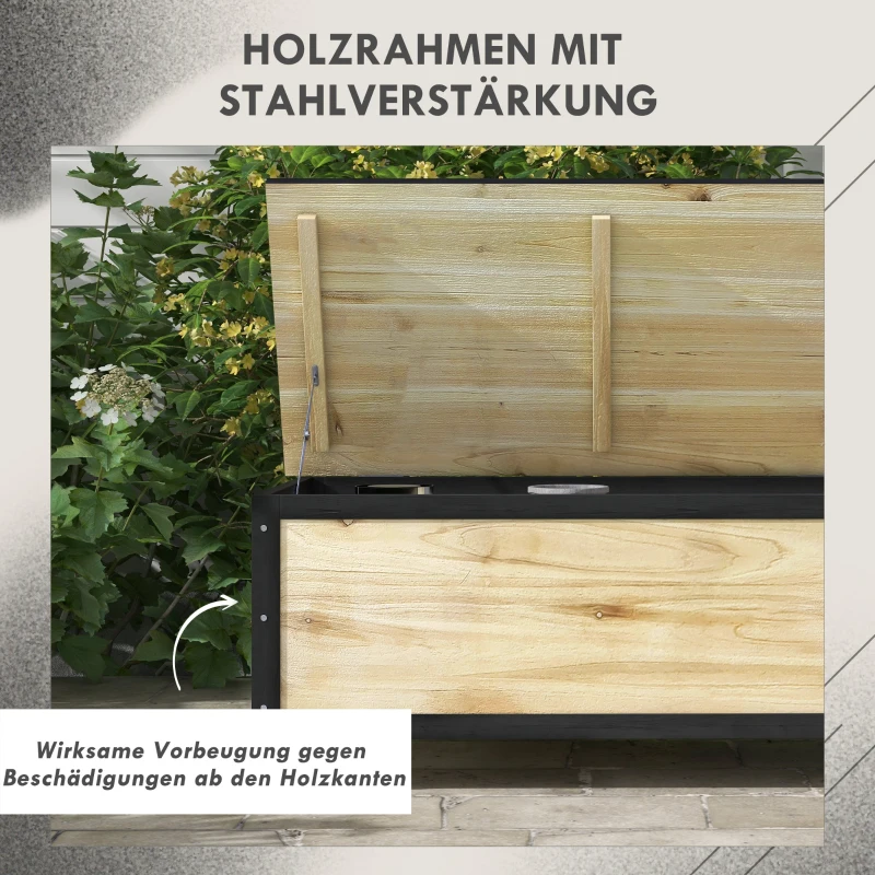 Outsunny Garten-Aufbewahrungsbox, 121 Liter, 2 Räder, wetterfest, Metallscharniere, Naturholz, 100x50x43 cm(m-5)