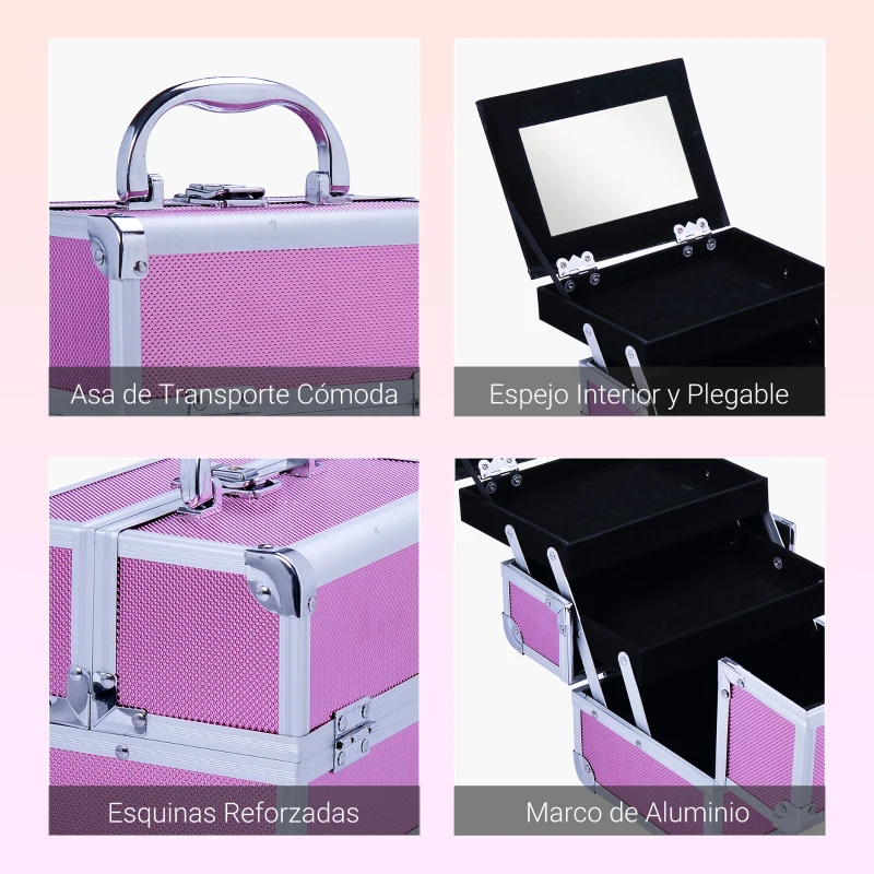 HOMCOM Maletín Maquillaje Profesional Estuche de Cosmético Portátil con Bandejas de 3 Niveles y Espejo 2 Llaves para Joyero Manicura Viaje 20x15x15 cm Rosa