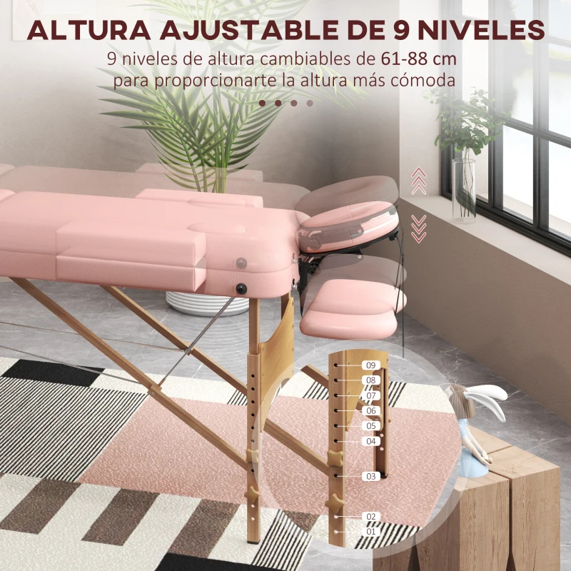 HOMCOM Camilla de Masaje Plegable con Reposacabezas Extraíble Asa Marco de Madera y Altura Regulable 210x81x67-92 cm Rosa