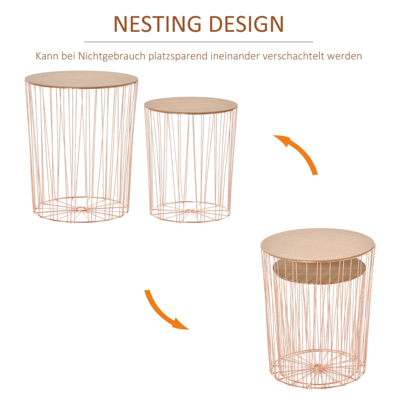 HOMCOM Beistelltisch mit Stauraum 2er Set Metall Korb mit Holzdeckel Nachttisch Natur+Rosa Gold  Ø40,7 x 49,5 cm Ø33,8 x 40,8 cm