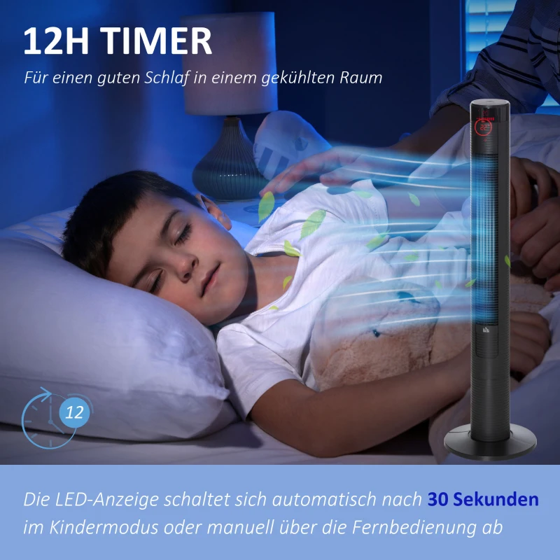 HOMCOM Turmventilator leise mit Fernbedienung 117 cm 70° Oszillierende Ventilator Standventilator mit 4 Modi, 3 Geschwindigkeiten, 12 Std.-Timer, LED-Anzeige, Schwarz
